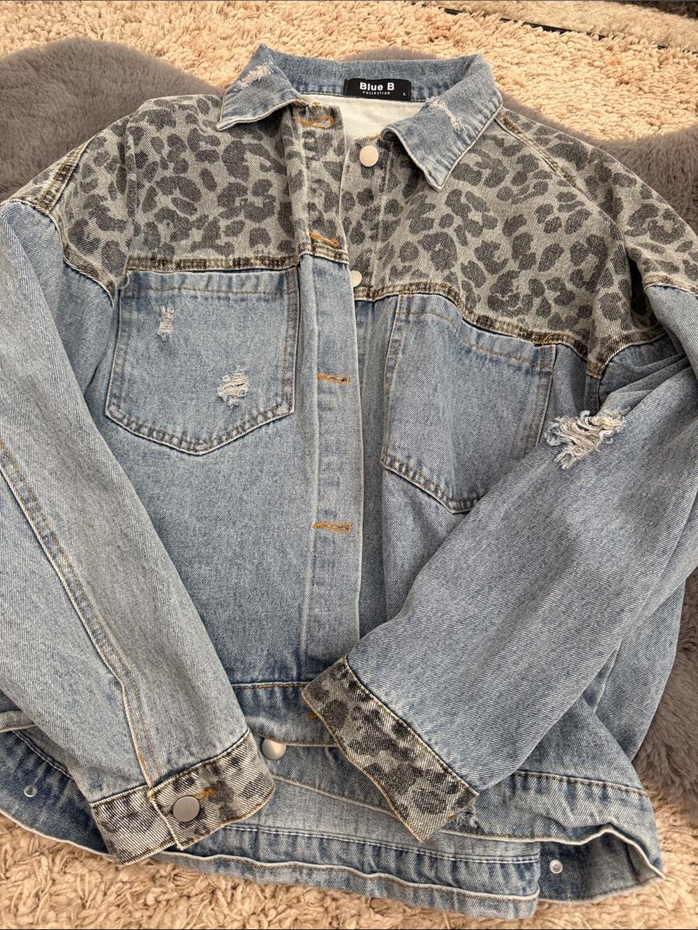 Blue B Denim Jacket with Gray Leopard Yoke